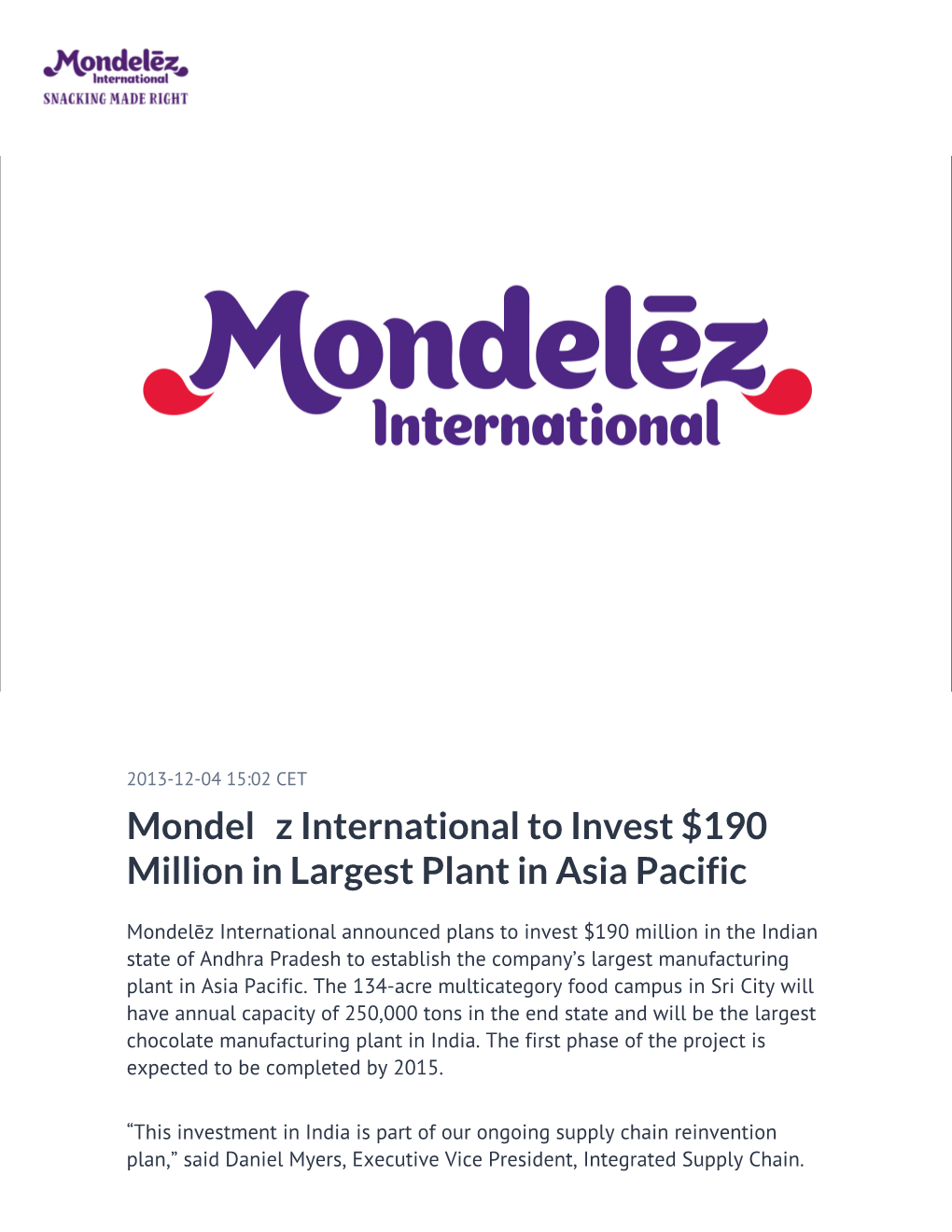 Mondelēz International to Invest $190 Million in Largest Plant in Asia Pacific