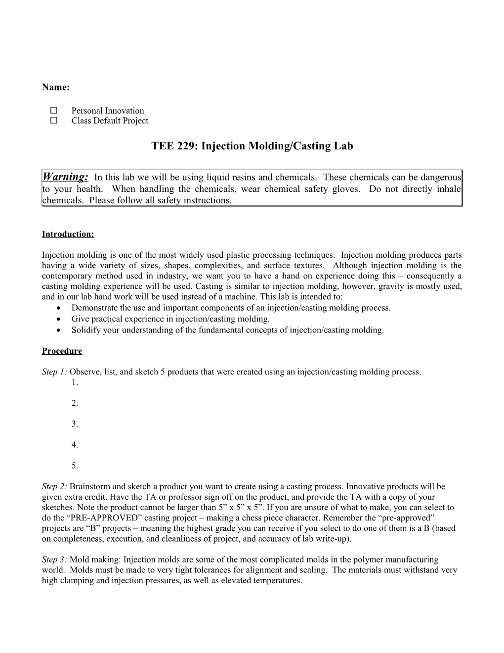 Injection Molding and Cost Estimation Lab