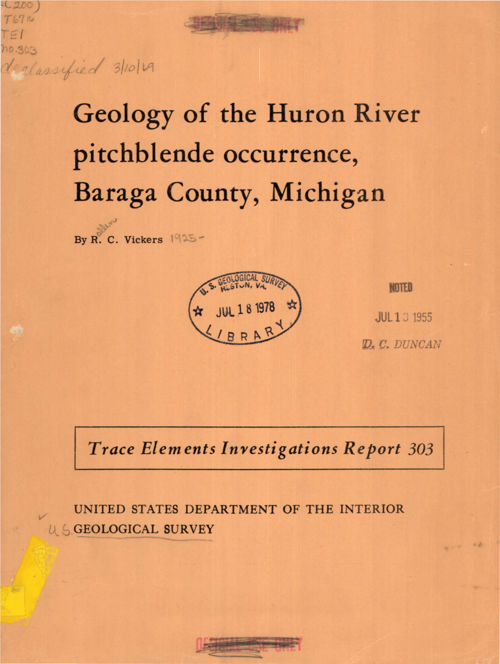 Geology of the Huron River Pitchblende Occurrence, Baraga County, Michigan