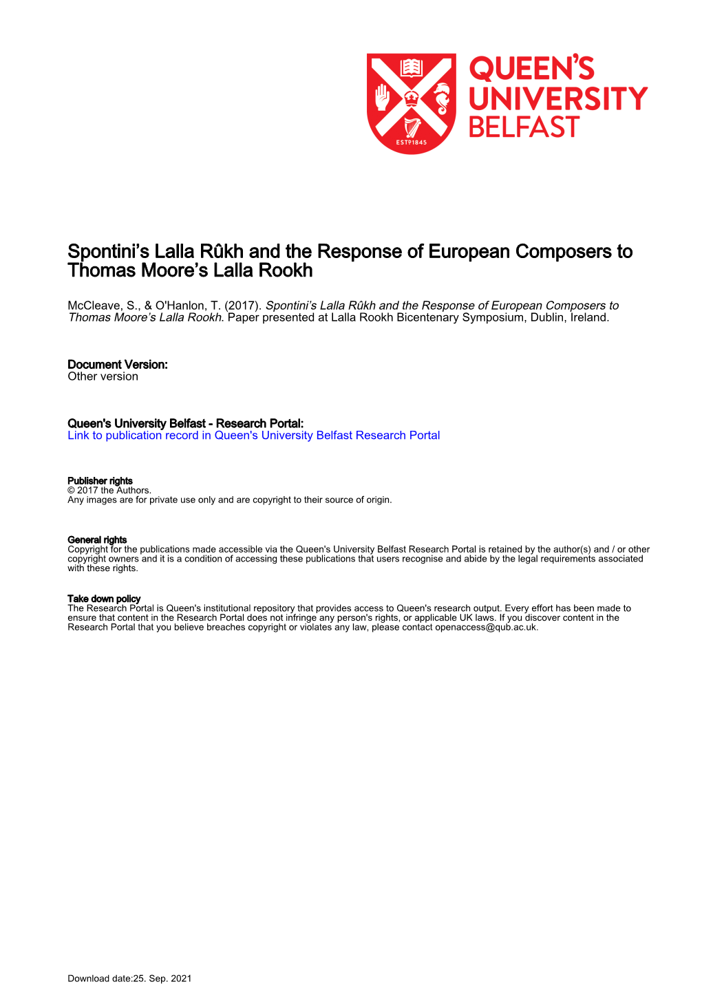Spontini's Lalla Rûkh and the Response of European Composers to Thomas Moore's Lalla Rookh
