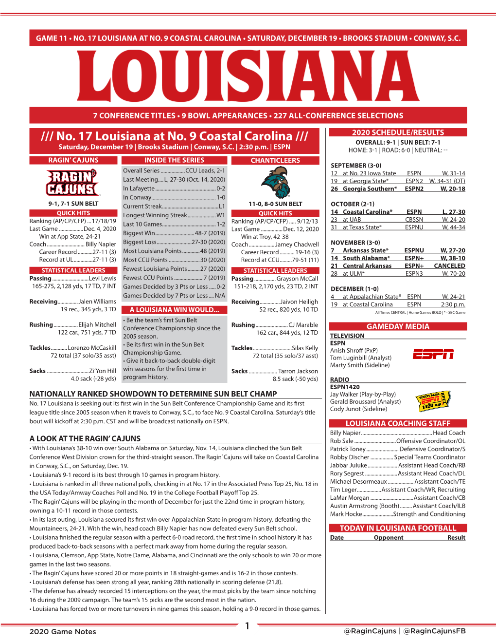 No. 17 Louisiana at No. 9 Coastal Carolina /// OVERALL: 9-1 | SUN BELT: 7-1 Saturday, December 19 | Brooks Stadium | Conway, S.C