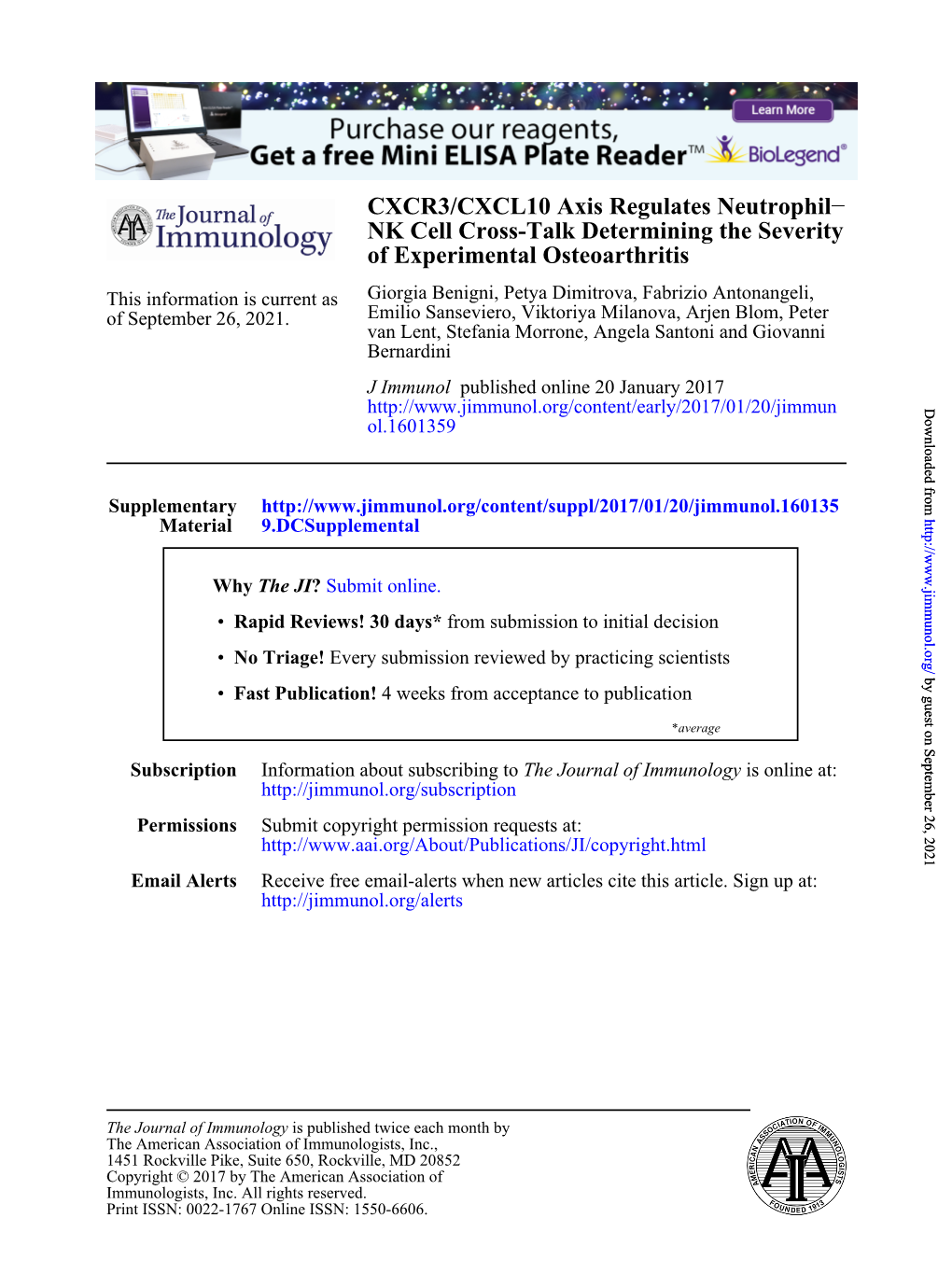 CXCR3/CXCL10 Axis Regulates Neutrophil–NK Cell Cross-Talk Determining the Severity of Experimental Osteoarthritis