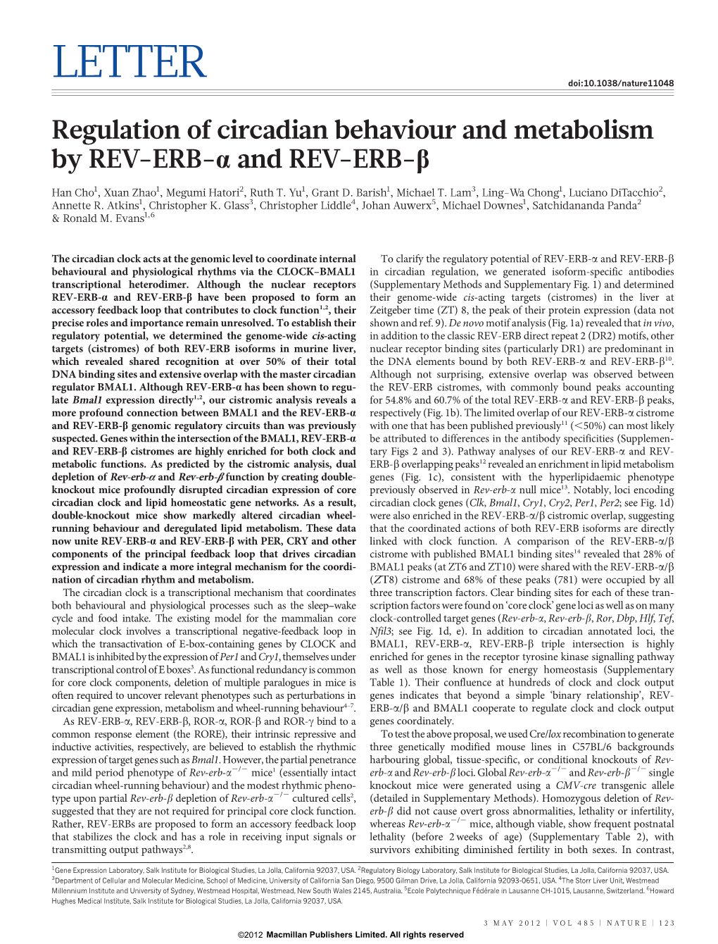 Regulation of Circadian Behaviour and Metabolism by REV-ERB-A and REV-ERB-B