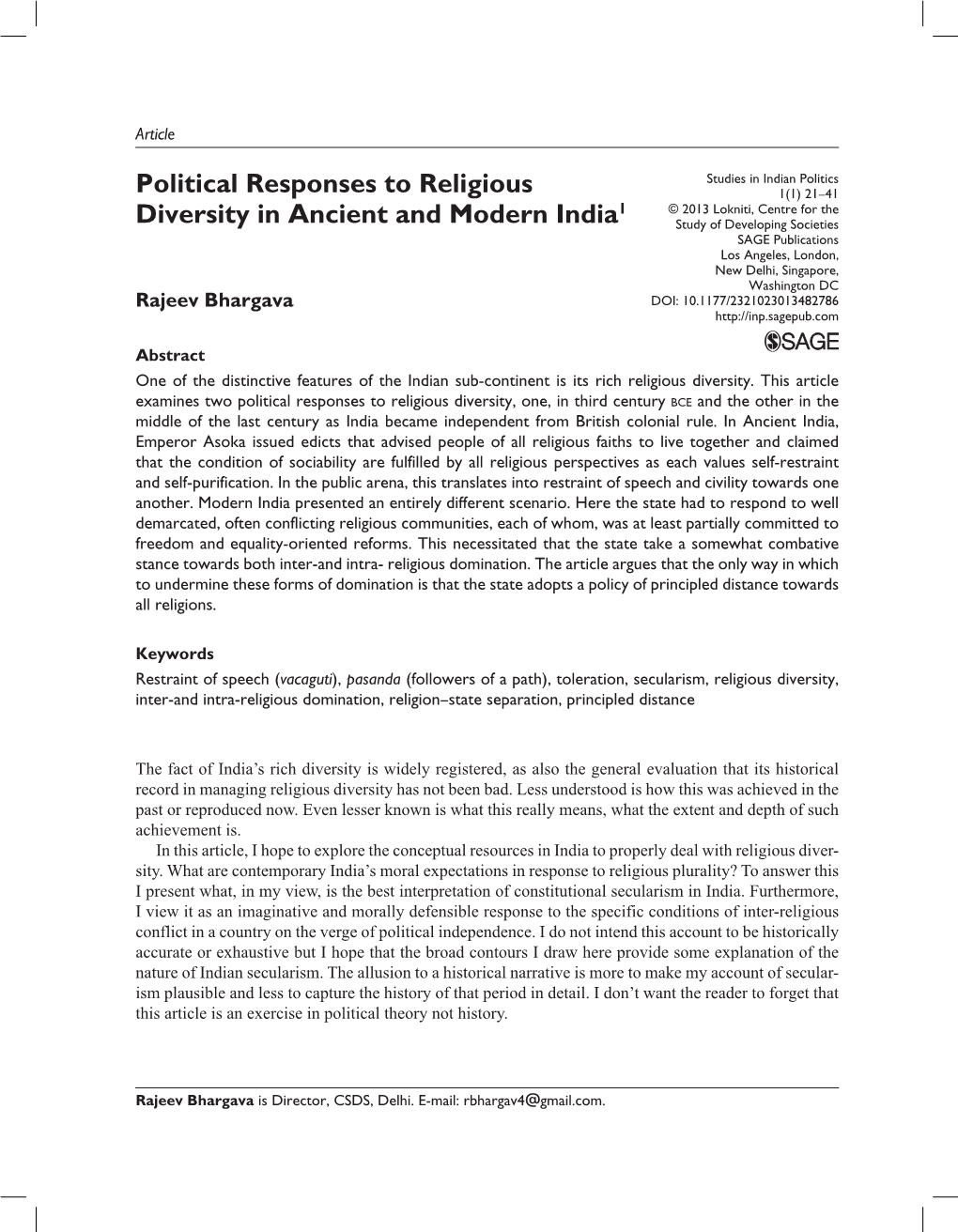 Political Responses to Religious Diversity in Ancient and Modern