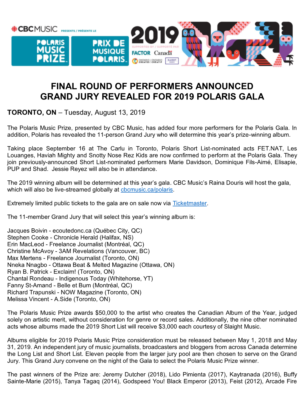 Final Round of Performers Announced Grand Jury Revealed for 2019 Polaris Gala