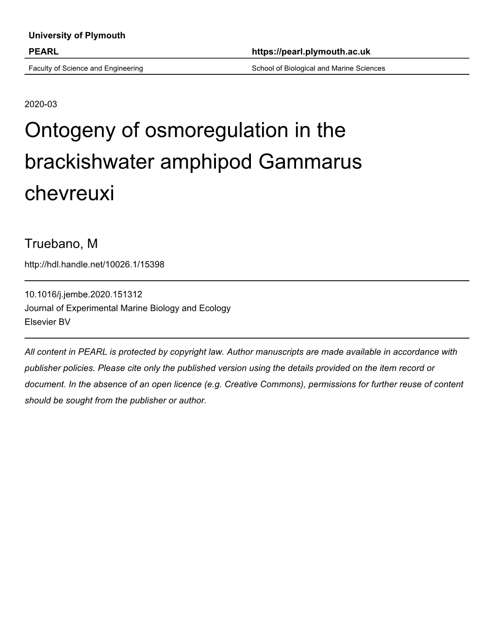 Ontogeny of Osmoregulation in the Brackishwater Amphipod Gammarus Chevreuxi