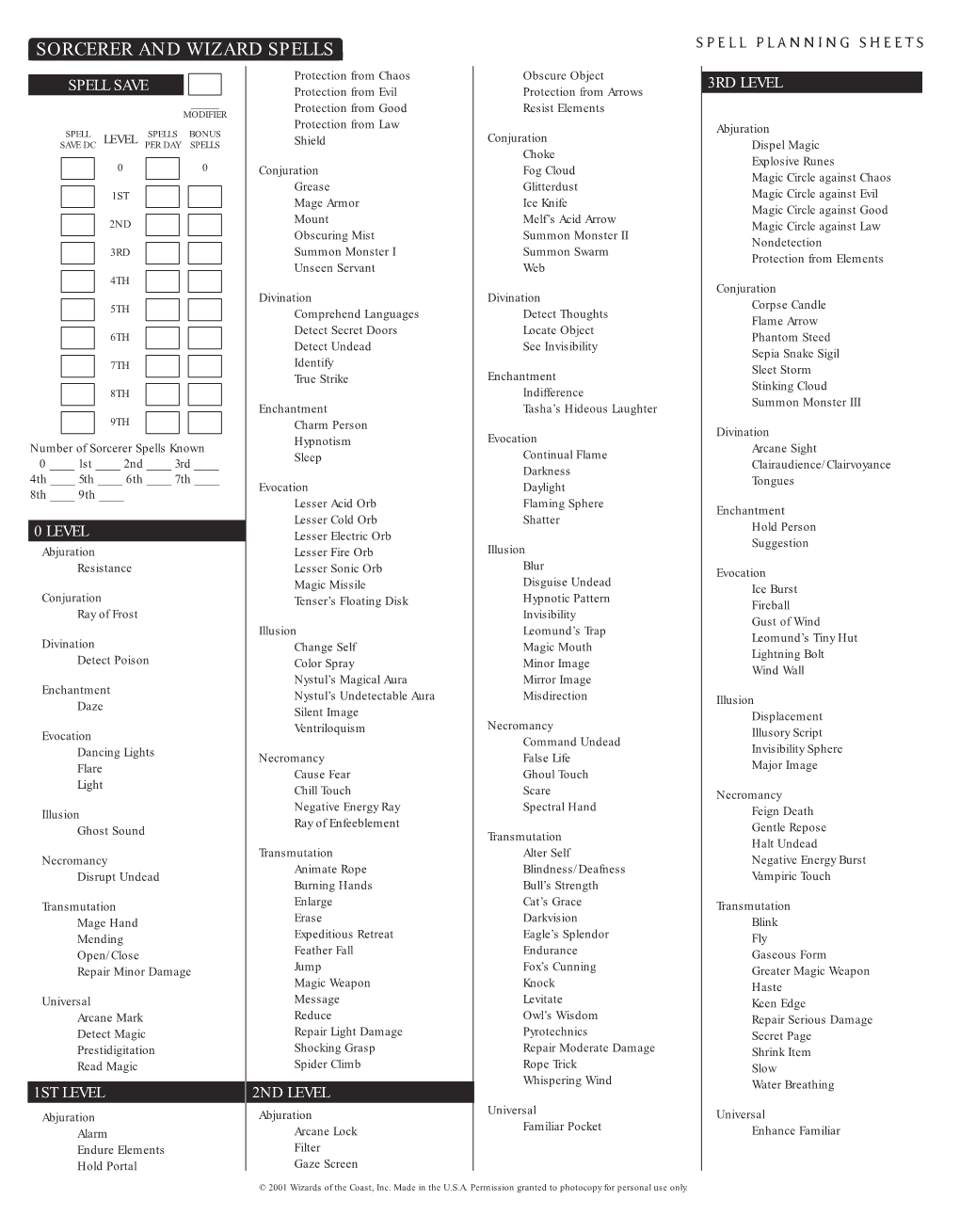 Spell Planning Sheets