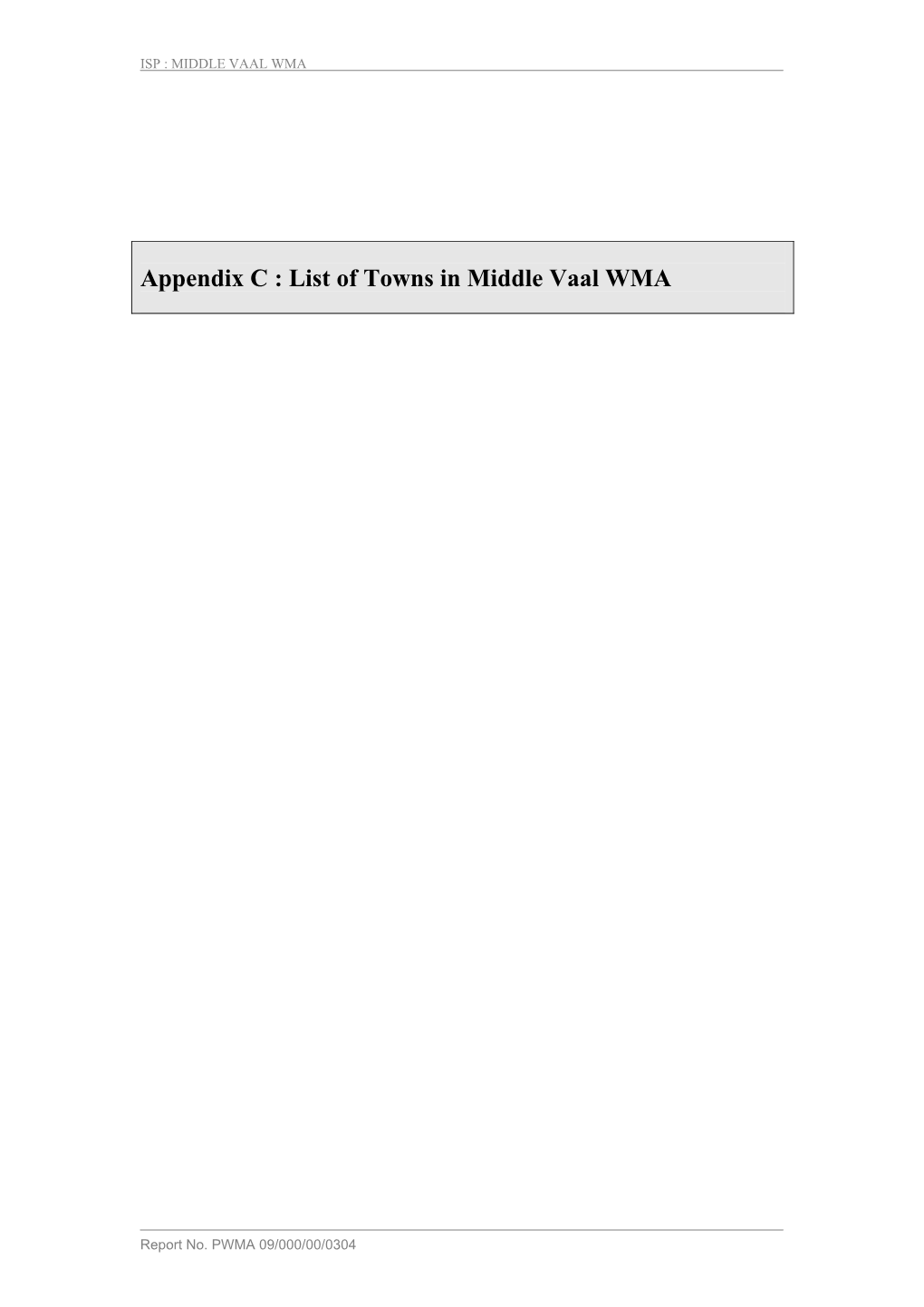 Appendix C : List of Towns in Middle Vaal WMA
