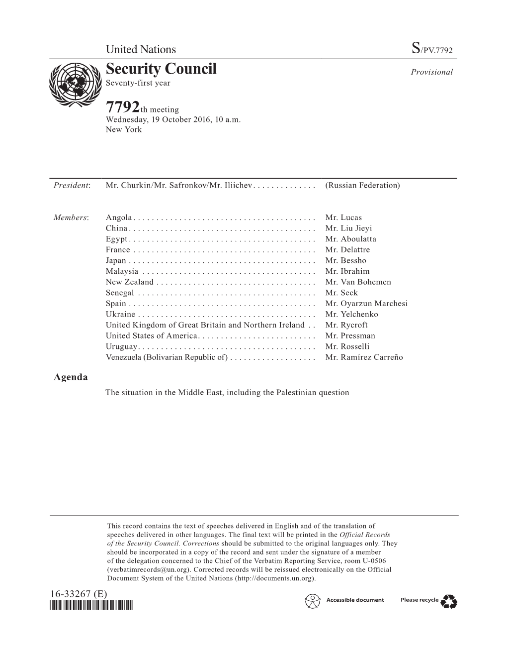 Security Council Provisional Seventy-First Year