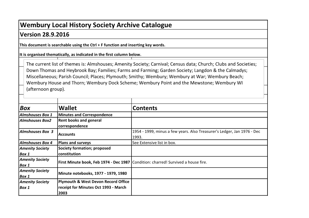 Wembury Local History Society Archive Catalogue Version 28.9.2016