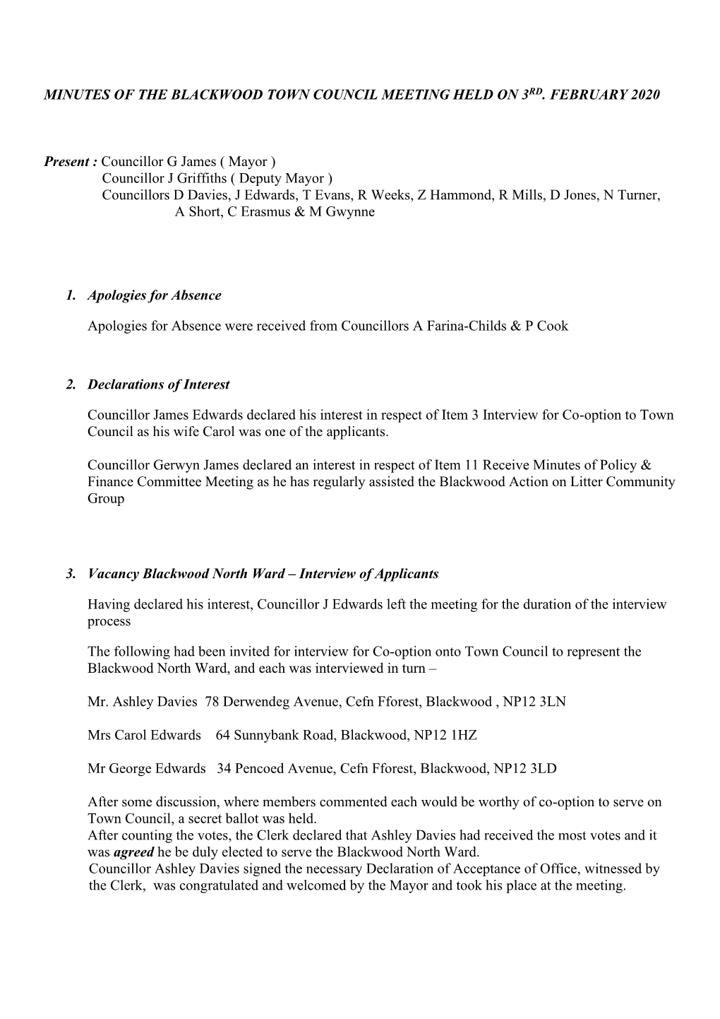 Minutes of the Blackwood Town Council Meeting Held on 3Rd