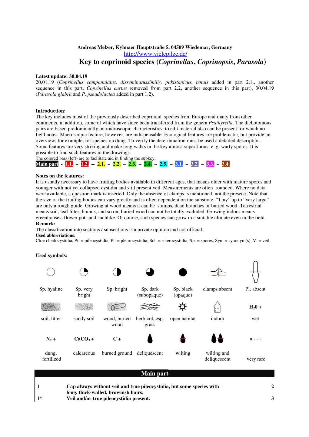 Key to Coprinoid Species (Coprinellus, Coprinopsis, Parasola)