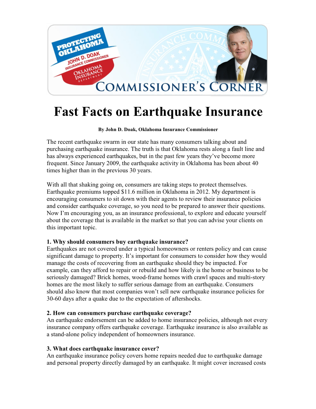 Fast Facts on Earthquake Insurance by John D