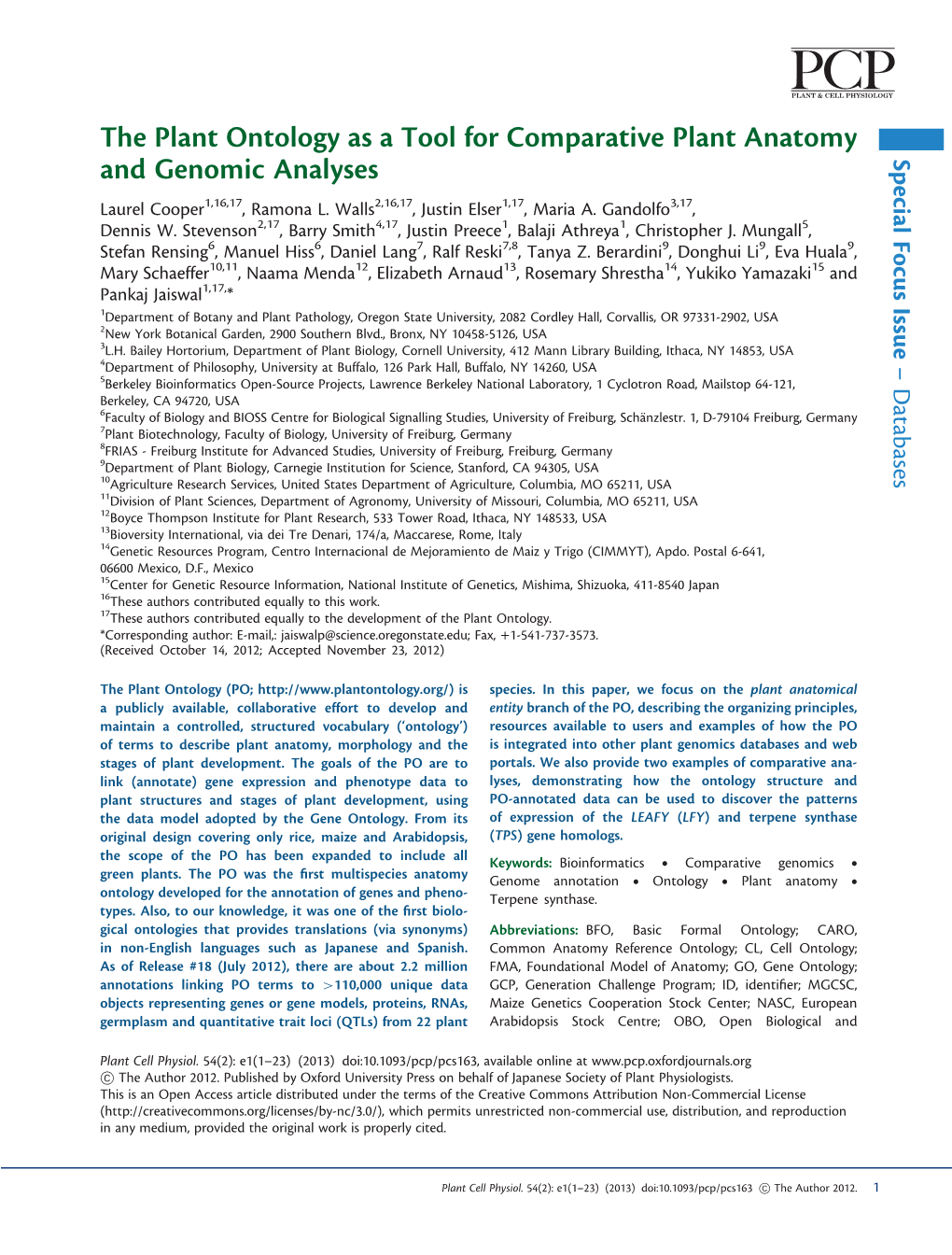 The Plant Ontology As a Tool for Comparative Plant Anatomy and Genomic Analyses Issue Focus Special Laurel Cooper1,16,17, Ramona L