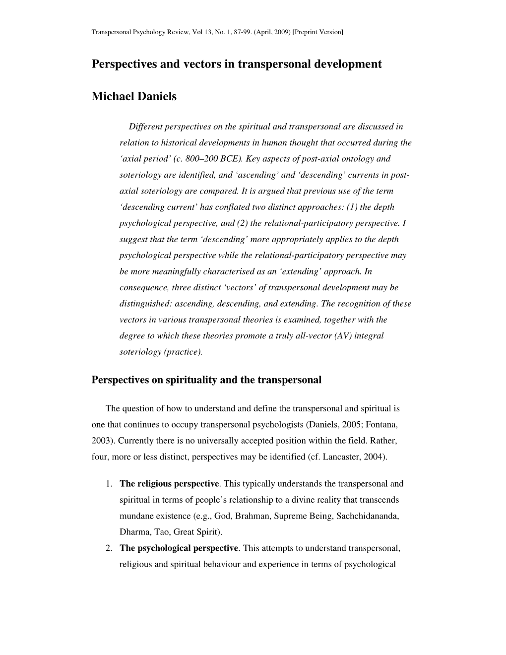 Perspectives and Vectors in Transpersonal Development Michael