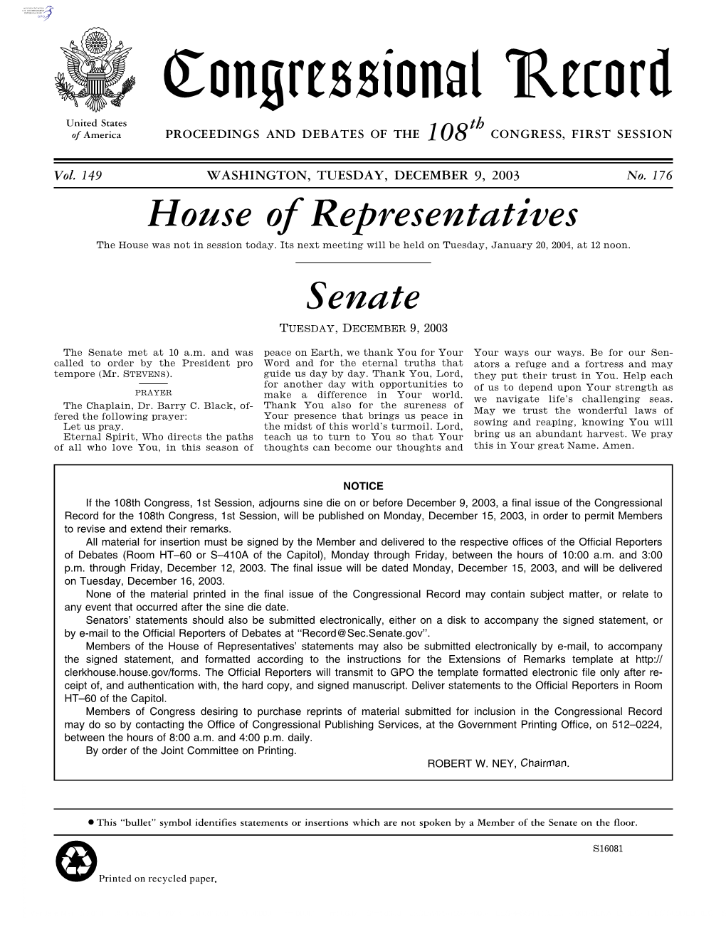 Congressional Record United States Th of America PROCEEDINGS and DEBATES of the 108 CONGRESS, FIRST SESSION