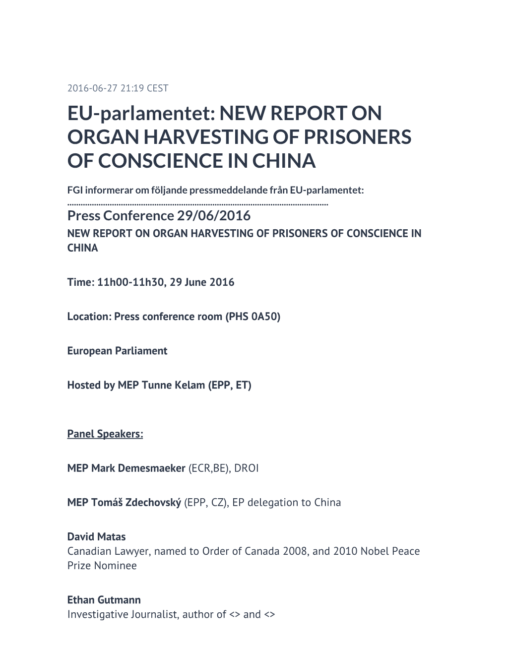 EU-Parlamentet: NEW REPORT on ORGAN HARVESTING of PRISONERS of CONSCIENCE in CHINA