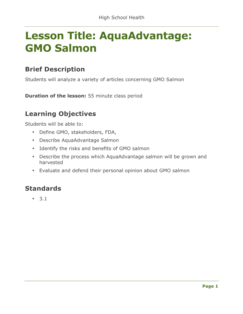 Lesson Title: Aquaadvantage: GMO Salmon