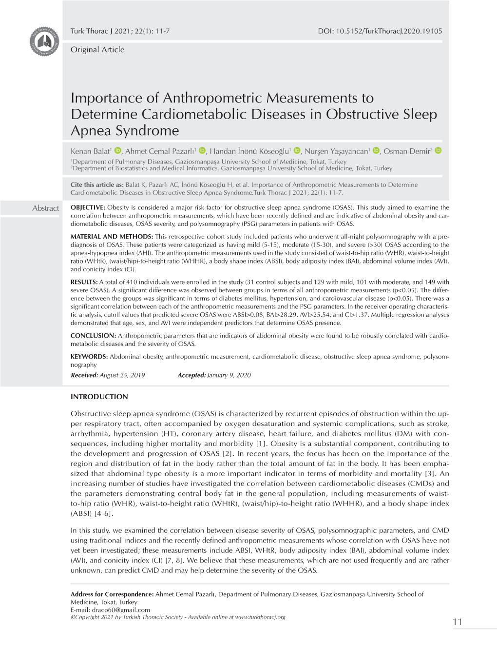 Importance of Anthropometric Measurements to Determine Cardiometabolic Diseases in Obstructive Sleep Apnea Syndrome