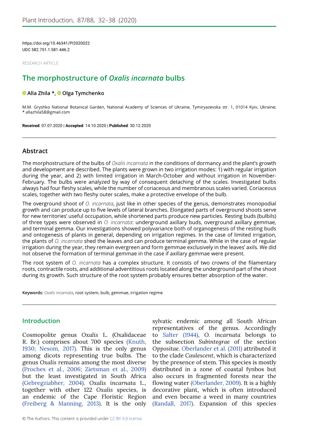 The Morphostructure of Oxalis Incarnata Bulbs