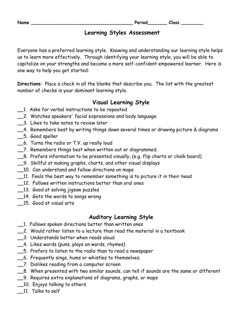 Learning Styles Assessment