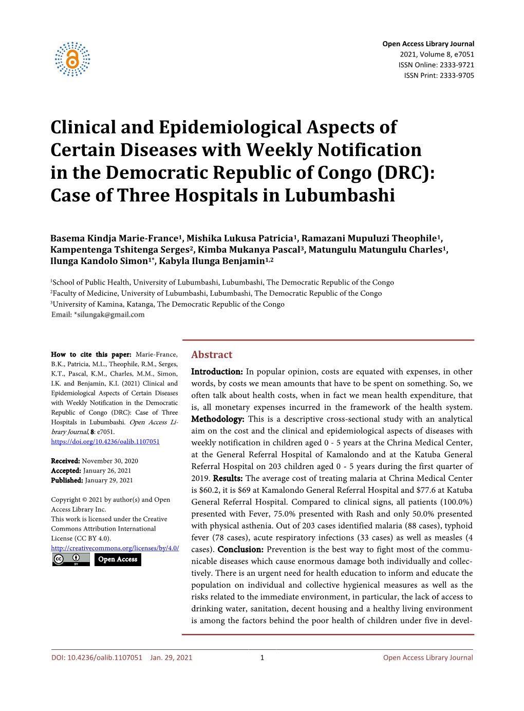 Clinical and Epidemiological Aspects of Certain Diseases with Weekly Notification in the Democratic Republic of Congo (DRC): Case of Three Hospitals in Lubumbashi