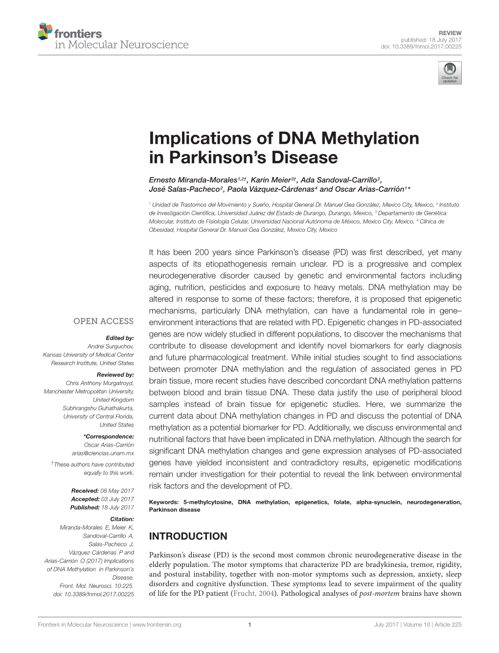 Implications of DNA Methylation in Parkinson's Disease