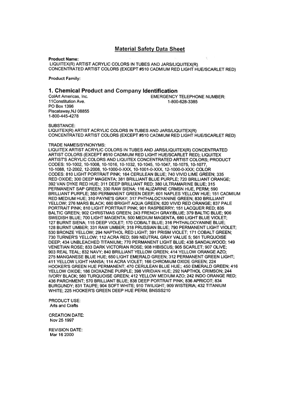 Iaterial Safety Data Sheet 1. Chemical Product and C:Ompany Identification