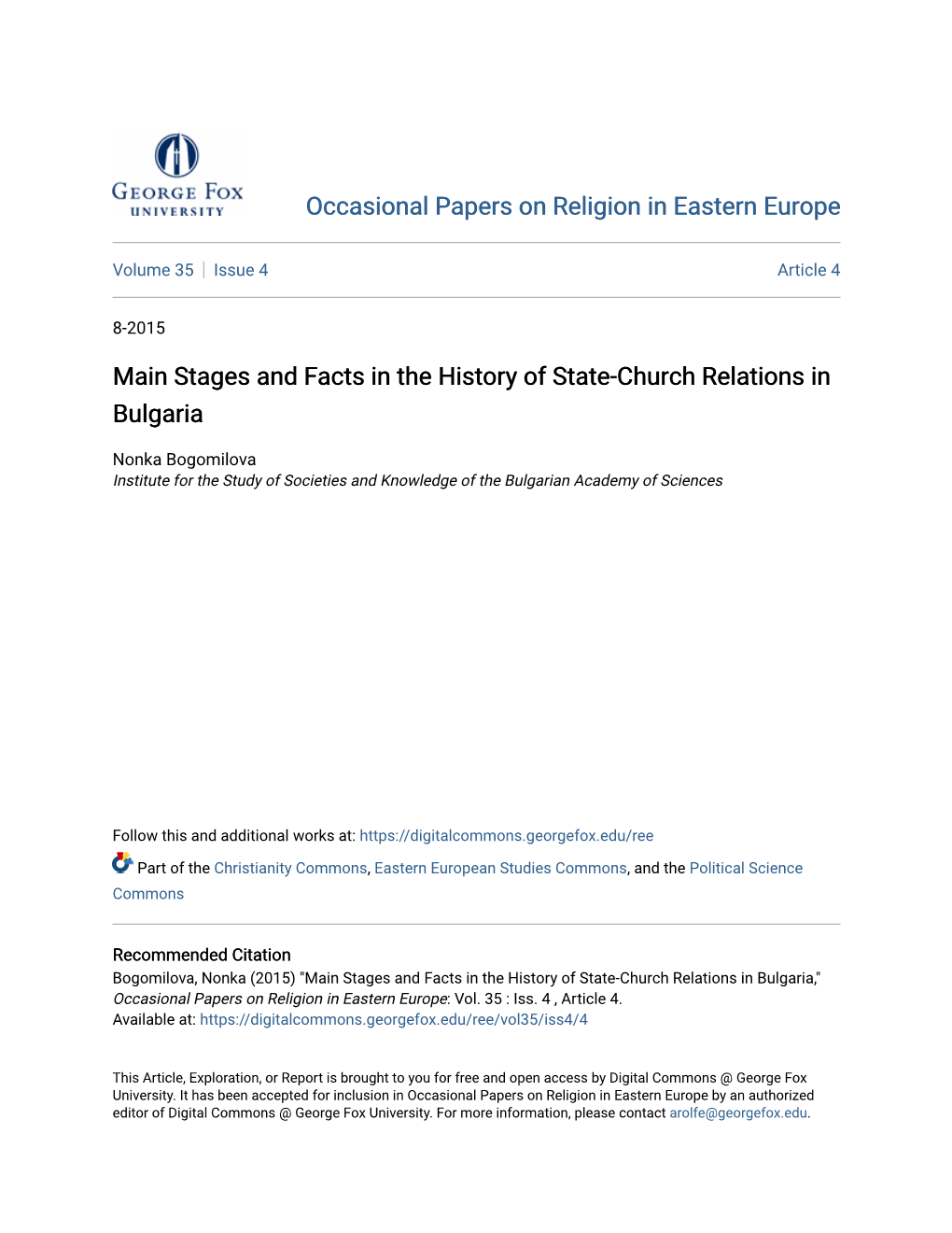 Main Stages and Facts in the History of State-Church Relations in Bulgaria