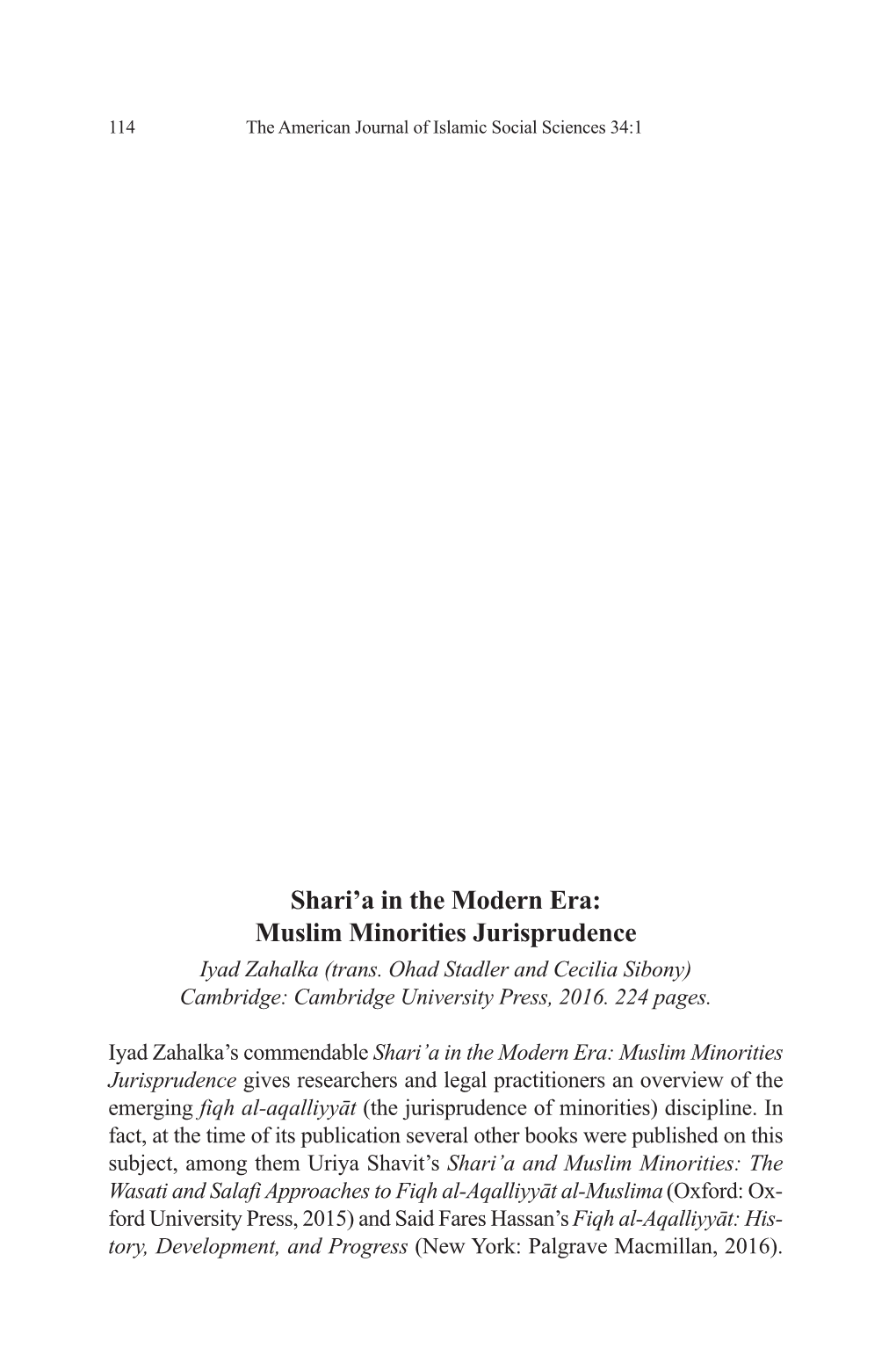 Muslim Minorities Jurisprudence Iyad Zahalka (Trans