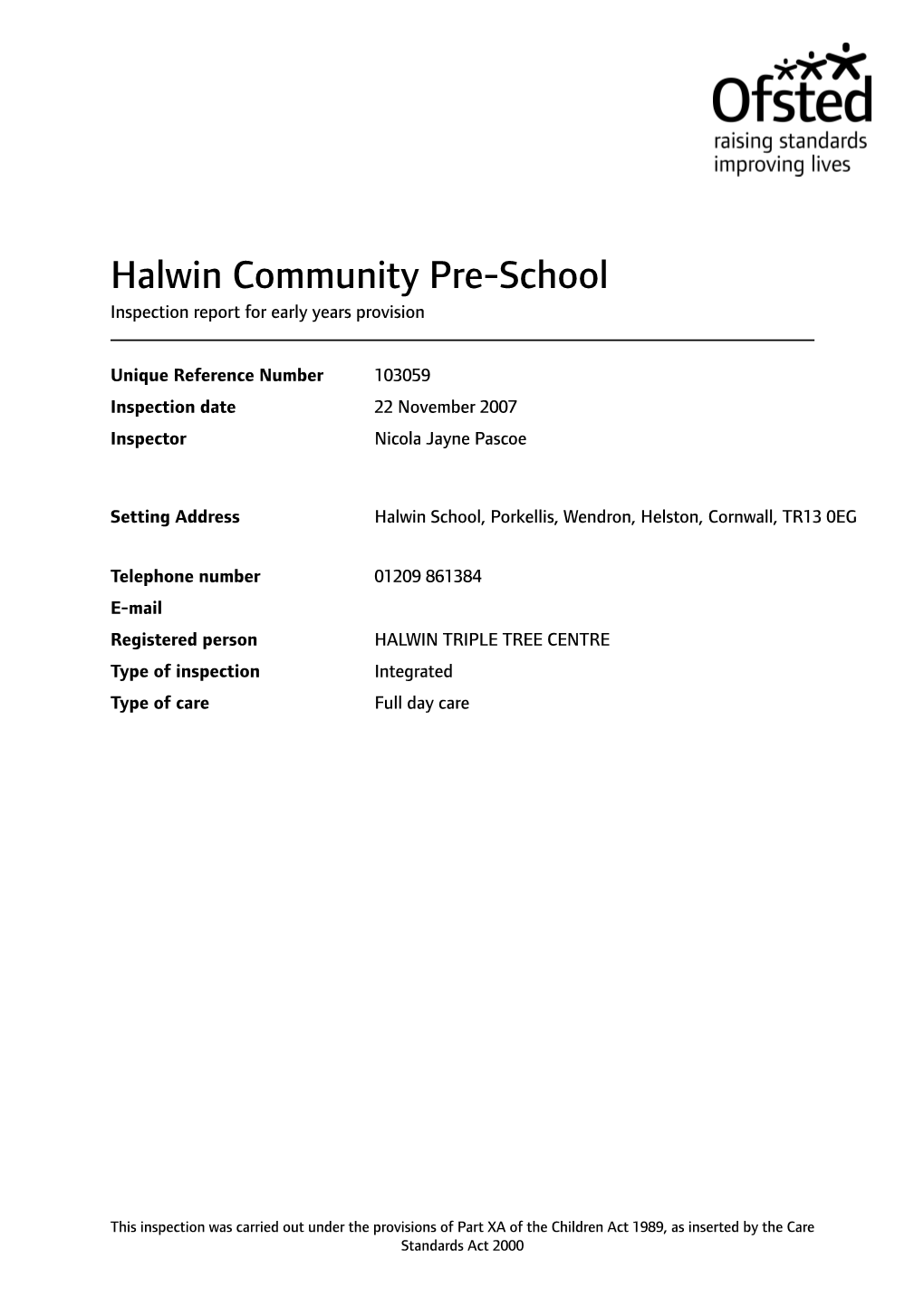Halwin Community Pre-School Inspection Report for Early Years Provision