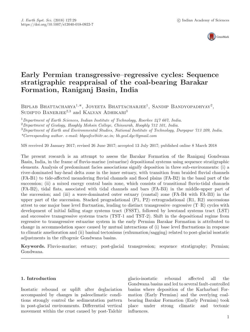 Early Permian Transgressive–Regressive Cycles: Sequence Stratigraphic Reappraisal of the Coal-Bearing Barakar Formation, Raniganj Basin, India