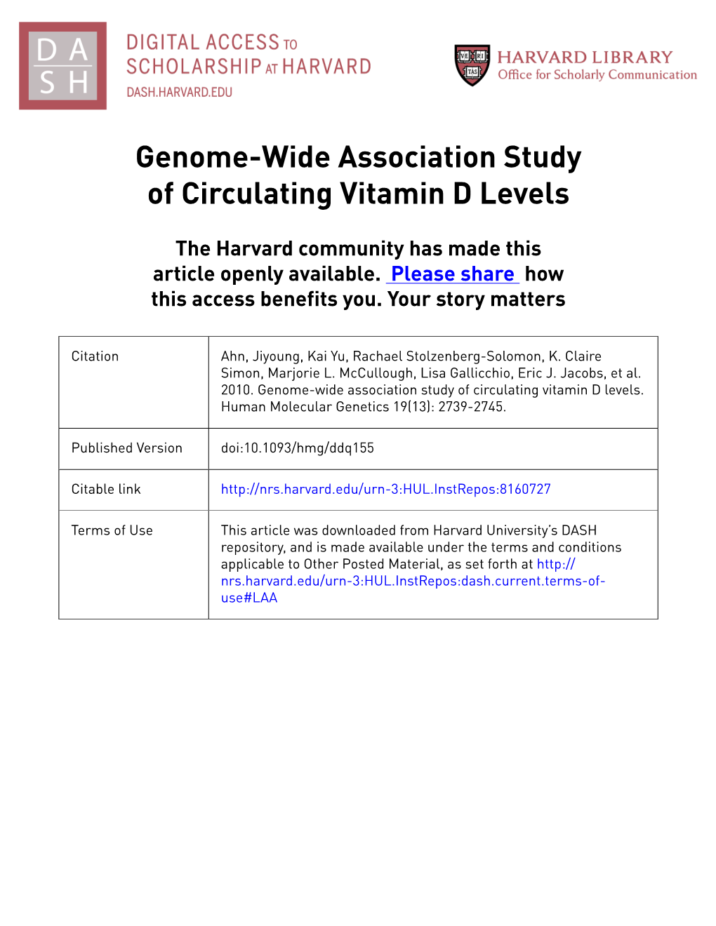 Genome-Wide Association Study of Circulating Vitamin D Levels