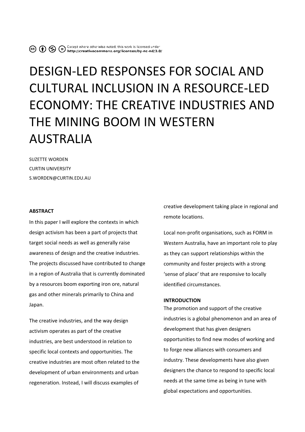 Design-Led Responses for Social and Cultural Inclusion in a Resource-Led Economy: the Creative Industries and the Mining Boom in Western Australia