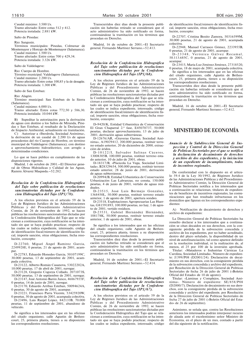 MINISTERIO DE ECONOMÍA C) Autorizar a «Iberdrola, Sociedad Anónima», 2001, Derivación Aguas Subterráneas