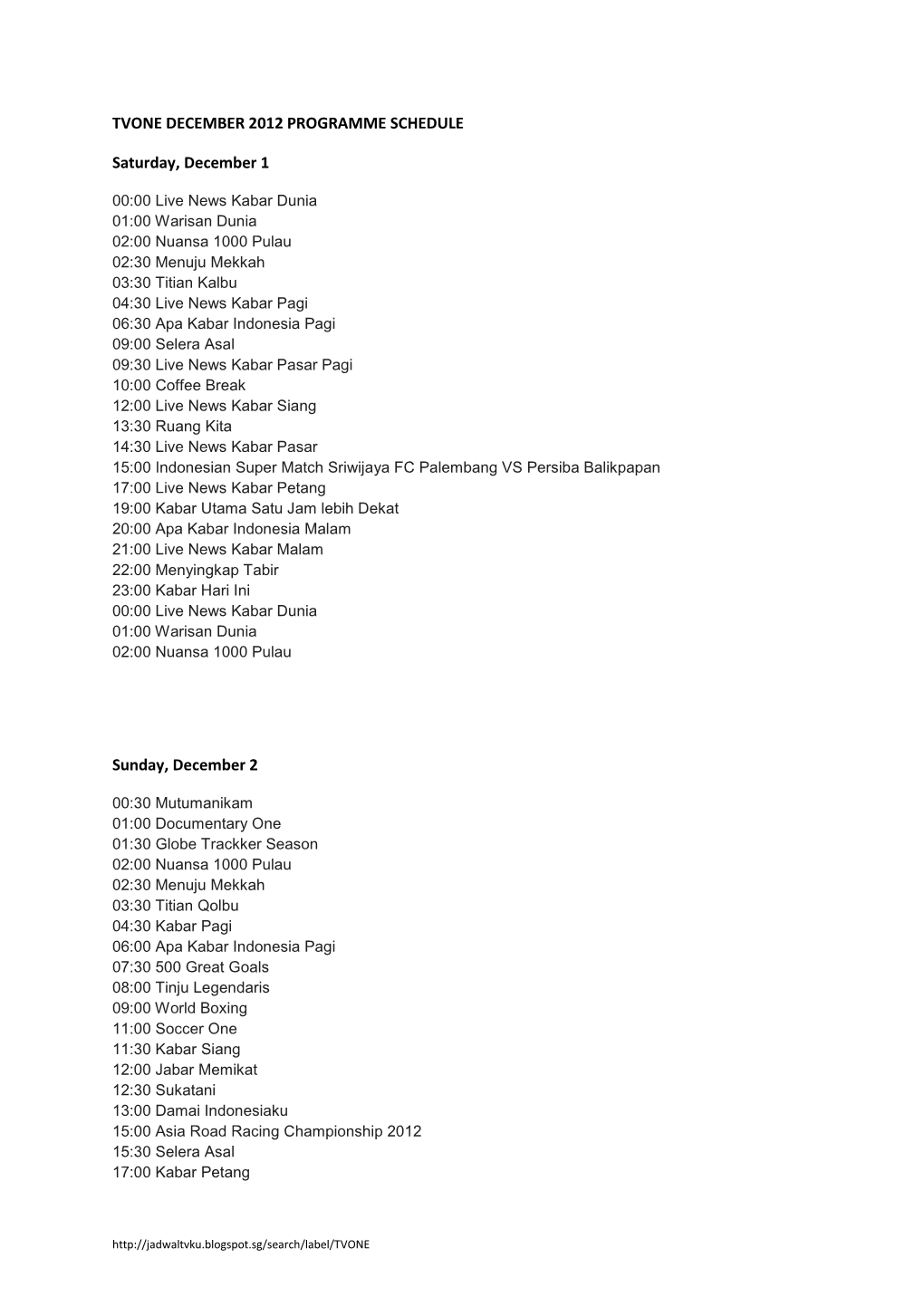 Tvone December 2012 Programme Schedule