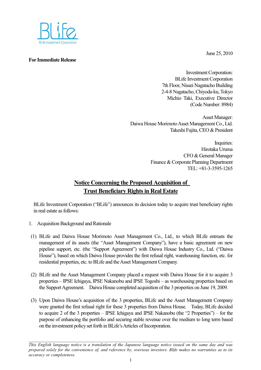 Notice Concerning the Proposed Acquisition of Trust Beneficiary Rights in Real Estate