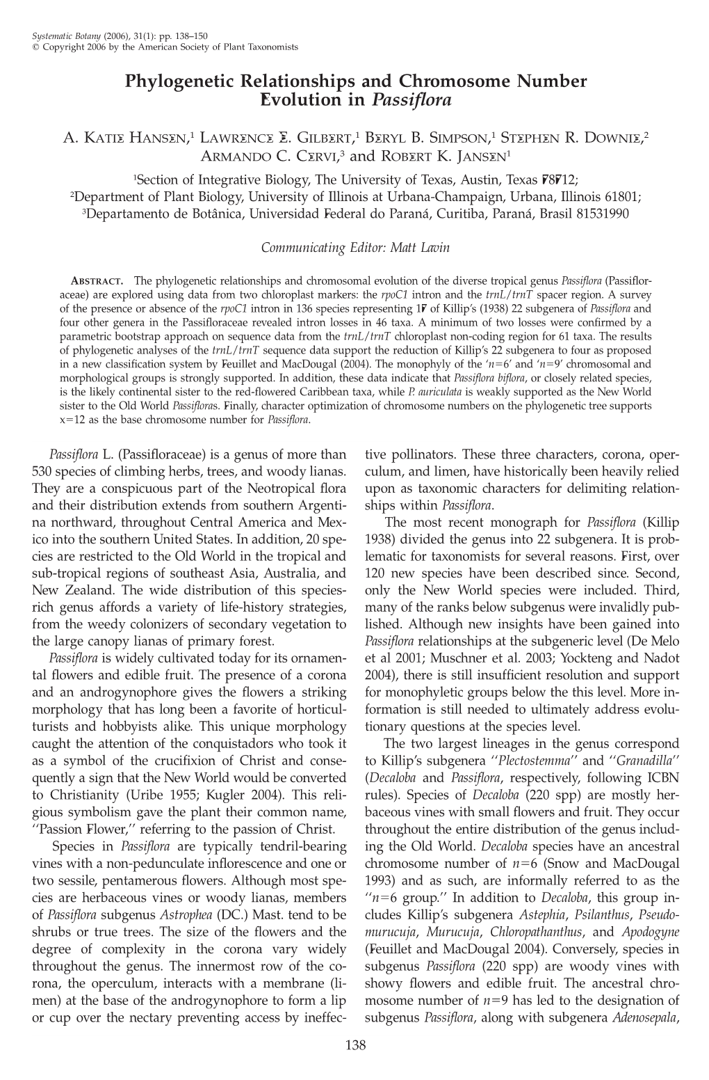 Phylogenetic Relationships and Chromosome Number Evolution in Passiflora