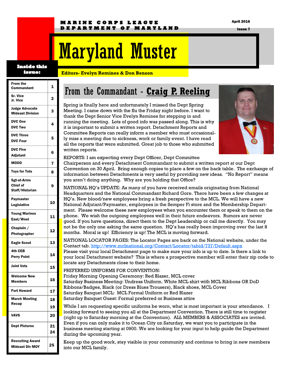 April 2016 DEPARTMENT of MARYLAND Issue 7 Maryland Muster Inside This Issue: Editors- Evelyn Remines & Don Benson