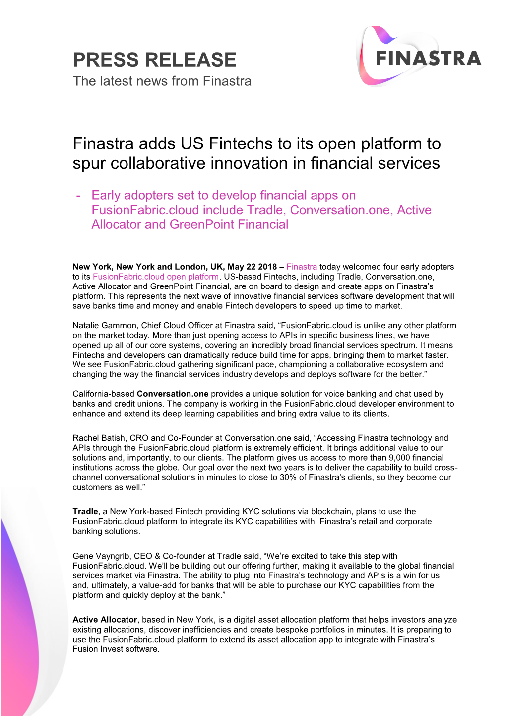 Fusionfabric.Cloud Finastra Press Release