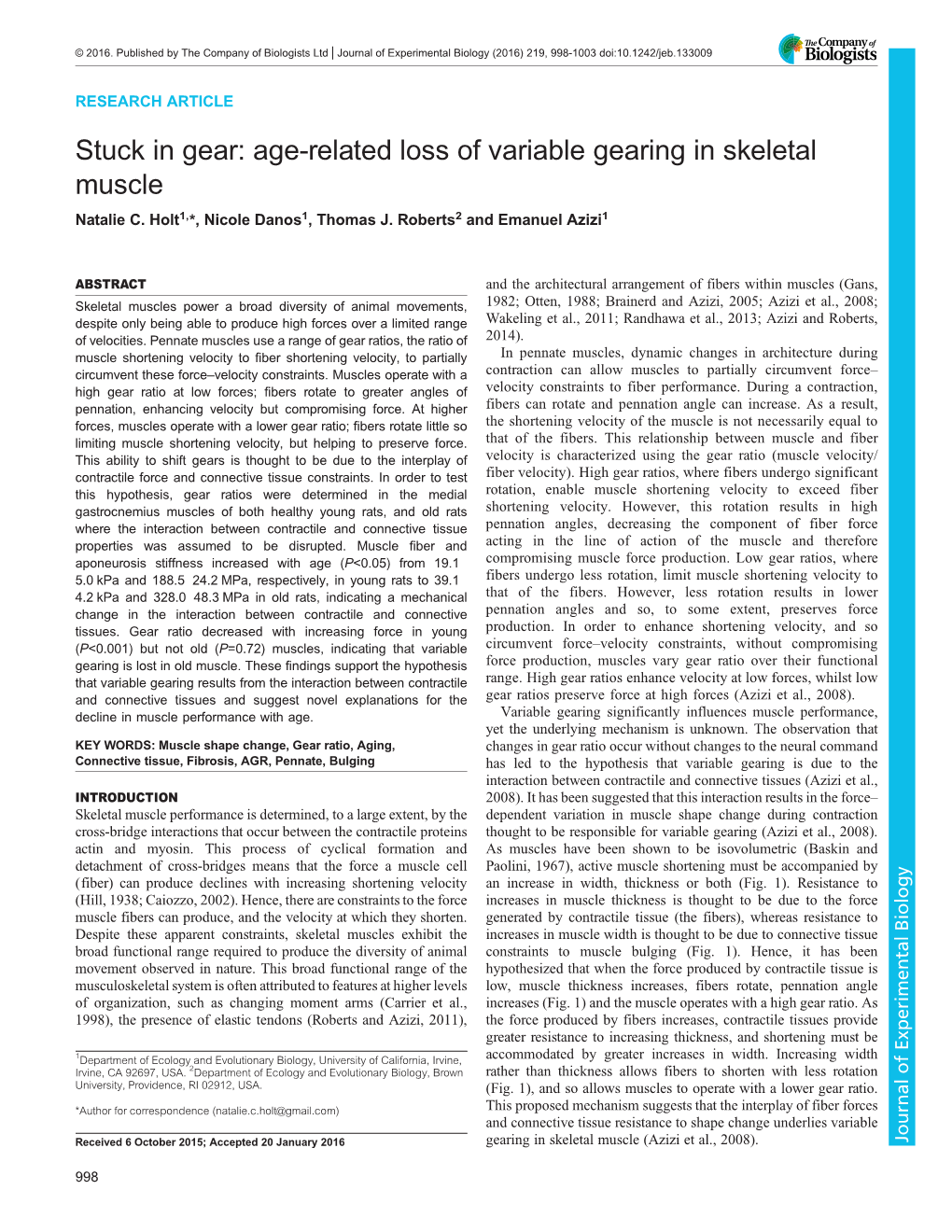 Stuck in Gear: Age-Related Loss of Variable Gearing in Skeletal Muscle Natalie C