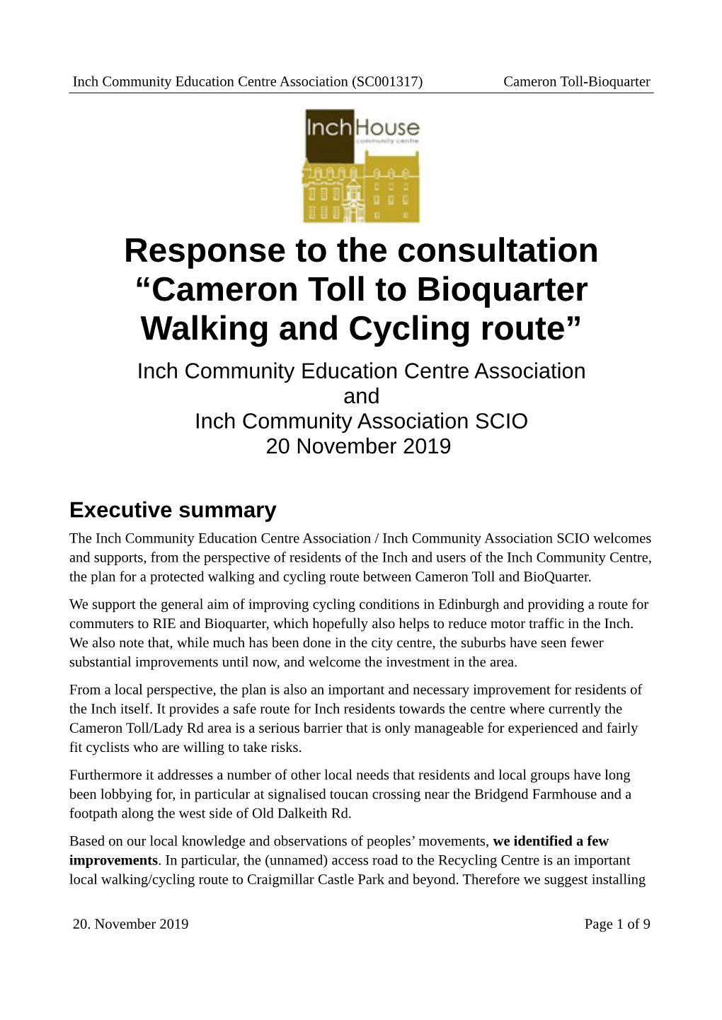 Cameron Toll to Bioquarter Walking and Cycling Route” Inch Community Education Centre Association and Inch Community Association SCIO 20 November 2019