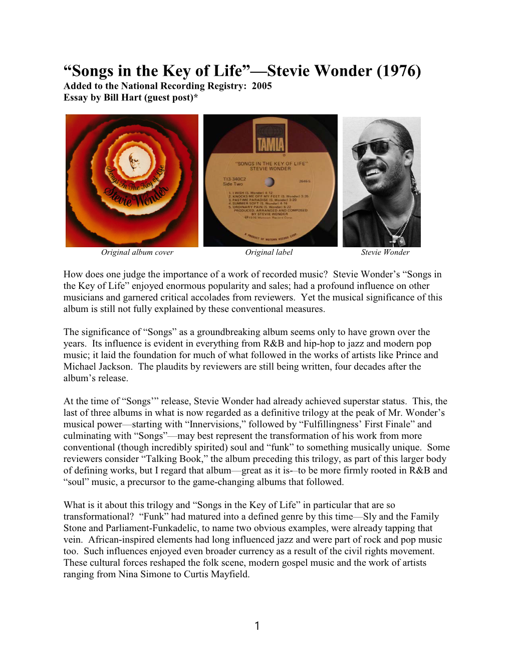 “Songs in the Key of Life”—Stevie Wonder (1976) Added to the National Recording Registry: 2005 Essay by Bill Hart (Guest Post)*