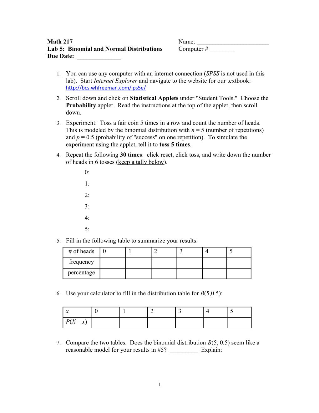 Lab 5: Binomial and Normal Distributions Computer # ______