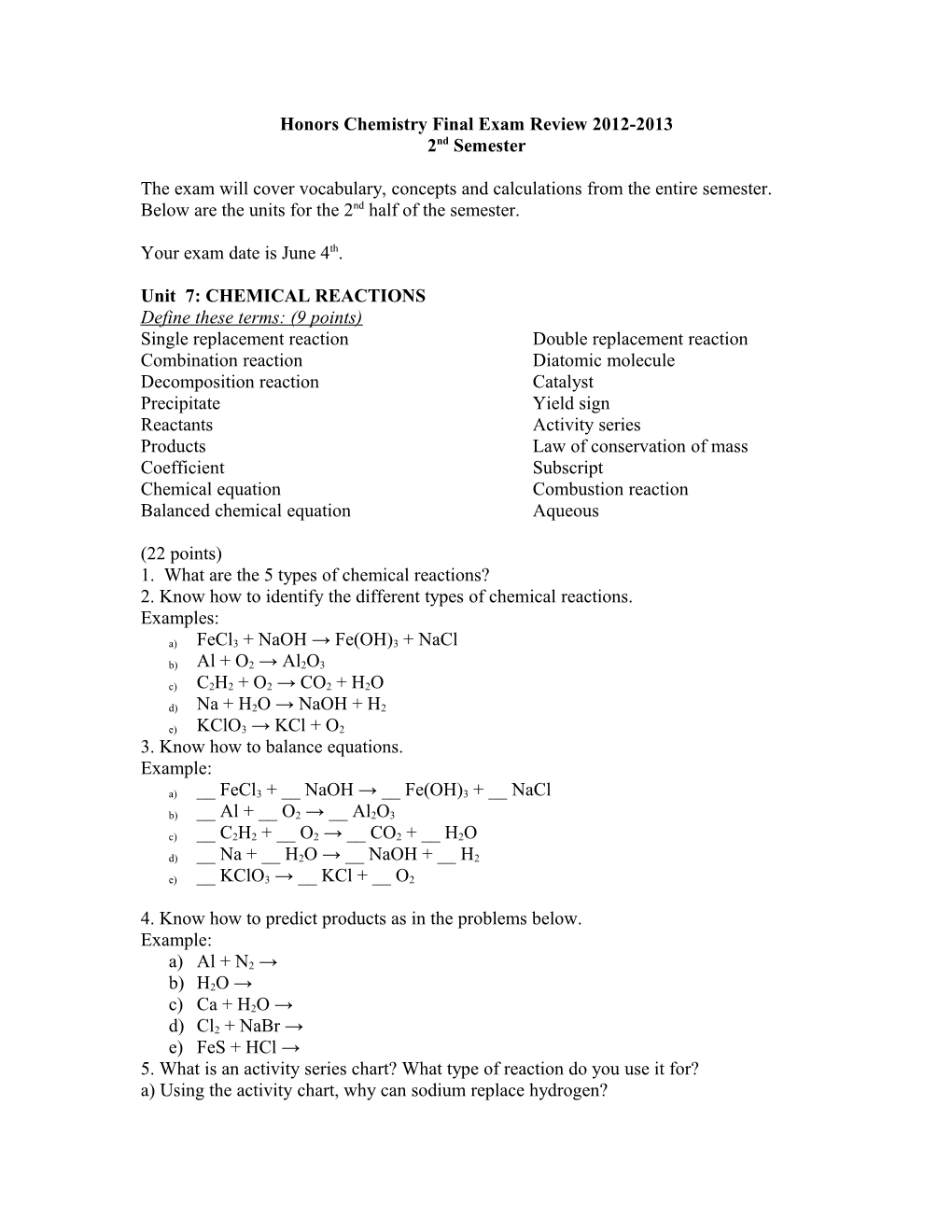 Chemistry Final Exam Review 2006-2007