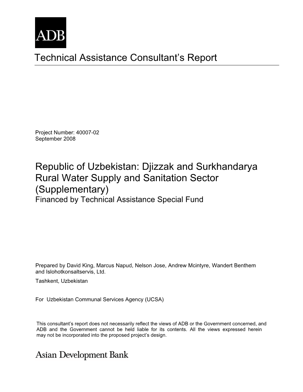 Djizzak and Surkhandarya Rural Water Supply and Sanitation Sector (Supplementary) Financed by Technical Assistance Special Fund