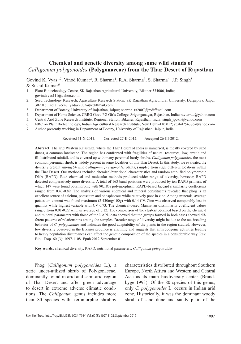 Chemical and Genetic Diversity Among Some Wild Stands of Calligonum Polygonoides (Polygonaceae) from the Thar Desert of Rajasthan