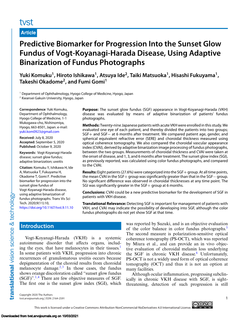 Predictive Biomarker for Progression Into the Sunset Glow Fundus of Vogt-Koyanagi-Harada Disease, Using Adaptive Binarization of Fundus Photographs