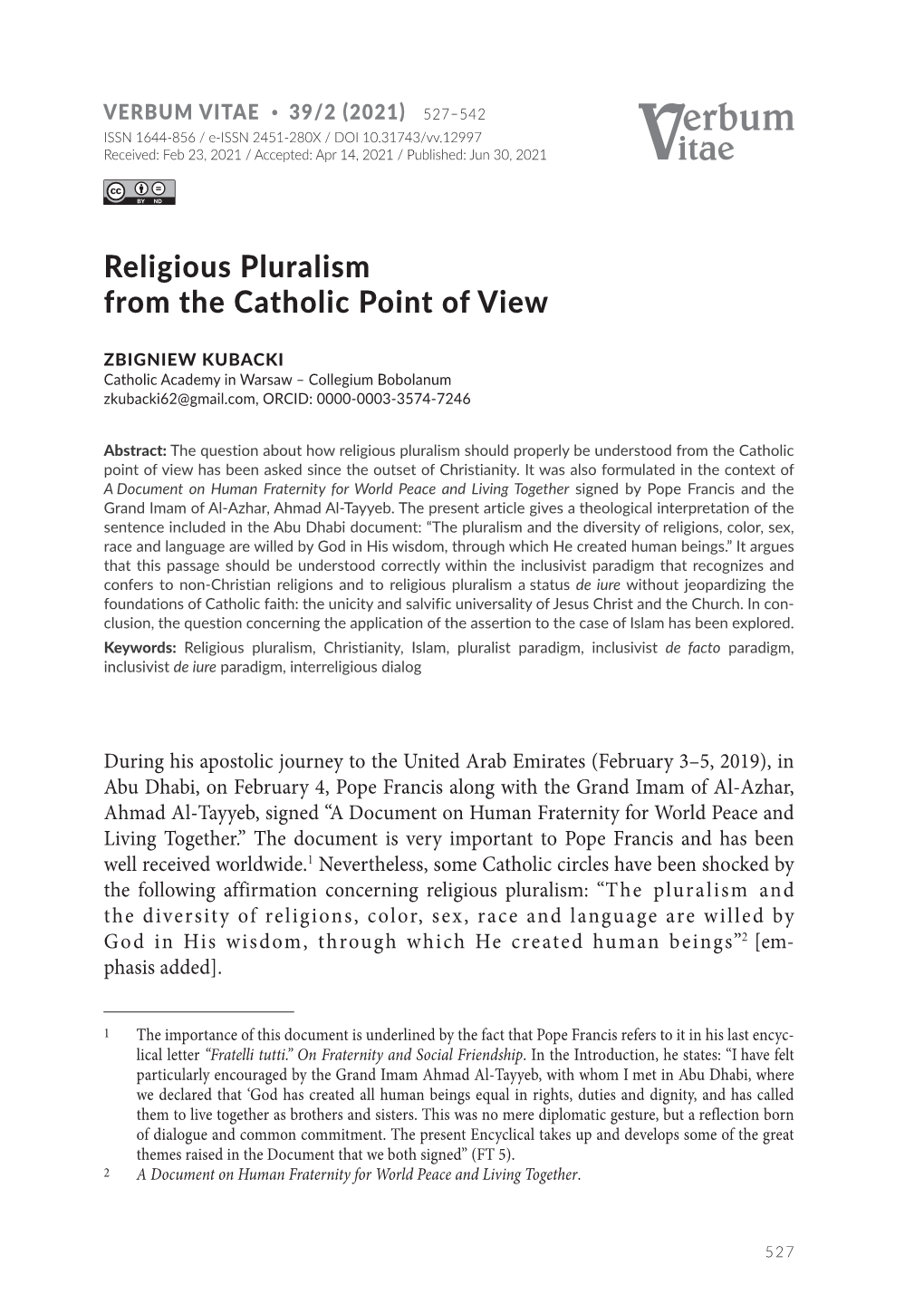 Religious Pluralism from the Catholic Point of View
