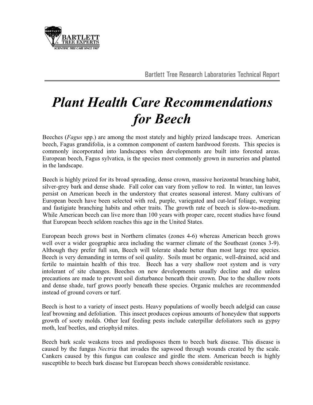 Plant Health Care Recommendations for Beech